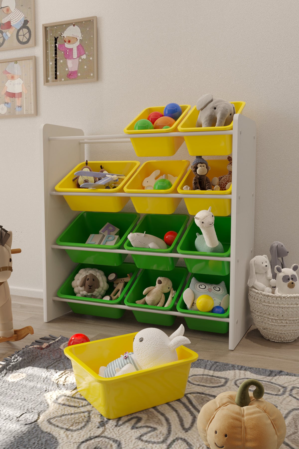 12 Sepetli Sarı ve Yeşil Oyuncak Dolabı, Çok Amaçlı Dolap, Montessori Dolap
