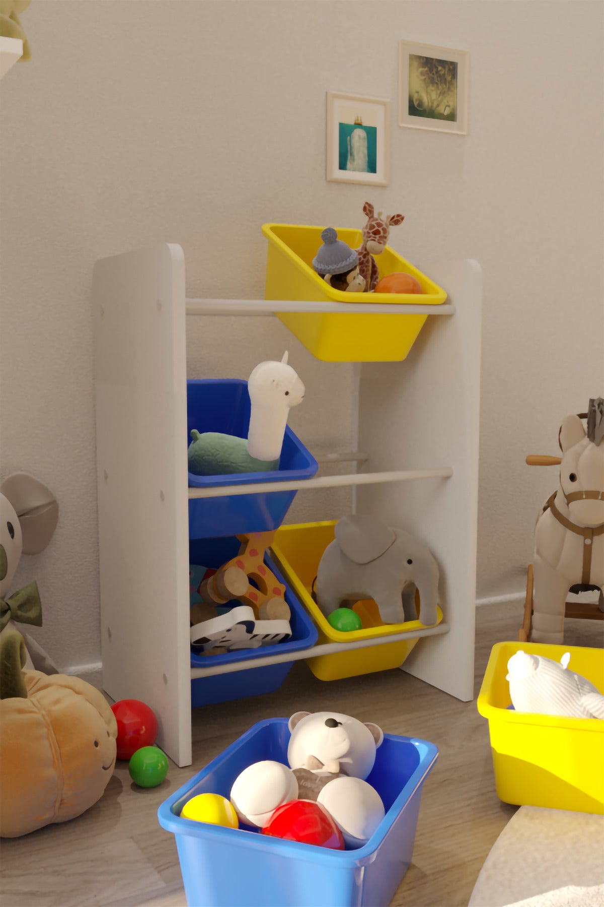 6 Sepetli Mavi ve Sarı Oyuncak Dolabı, Çok Amaçlı Dolap, Montessori Dolap
