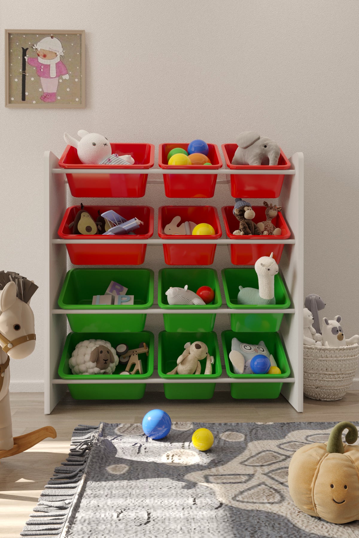 12 Sepetli Kırmızı ve Yeşil Oyuncak Dolabı, Çok Amaçlı Dolap, Montessori Dolap