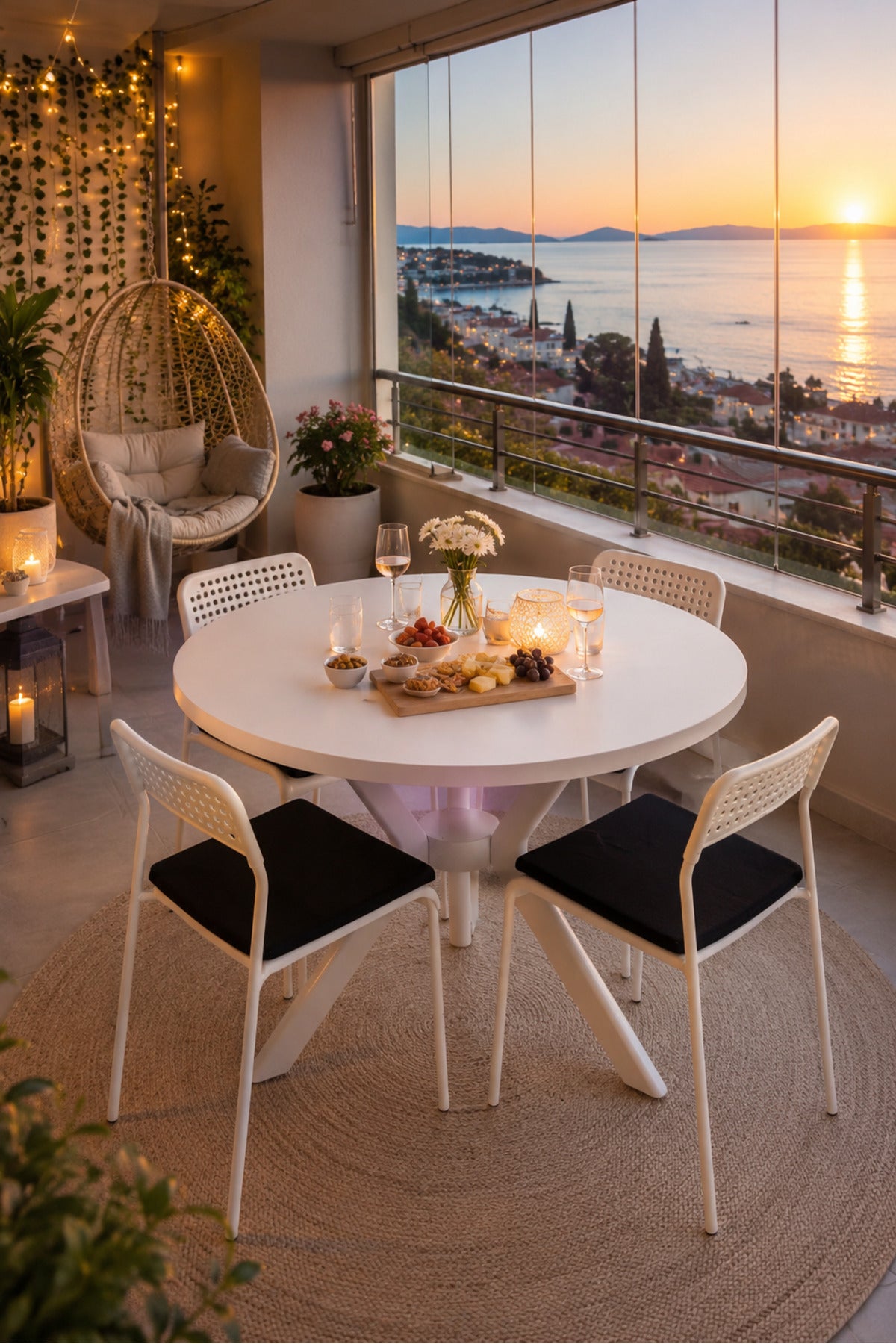 Beyaz 4 Kişilik Minderli Balkon Takımı, Balkon Masası, Balkon Sandalyesi, Yuvarlak Masa, Yemek Masası, Mutfak Masa Sandalye Takımı, 4 Sandalye 1 Masa