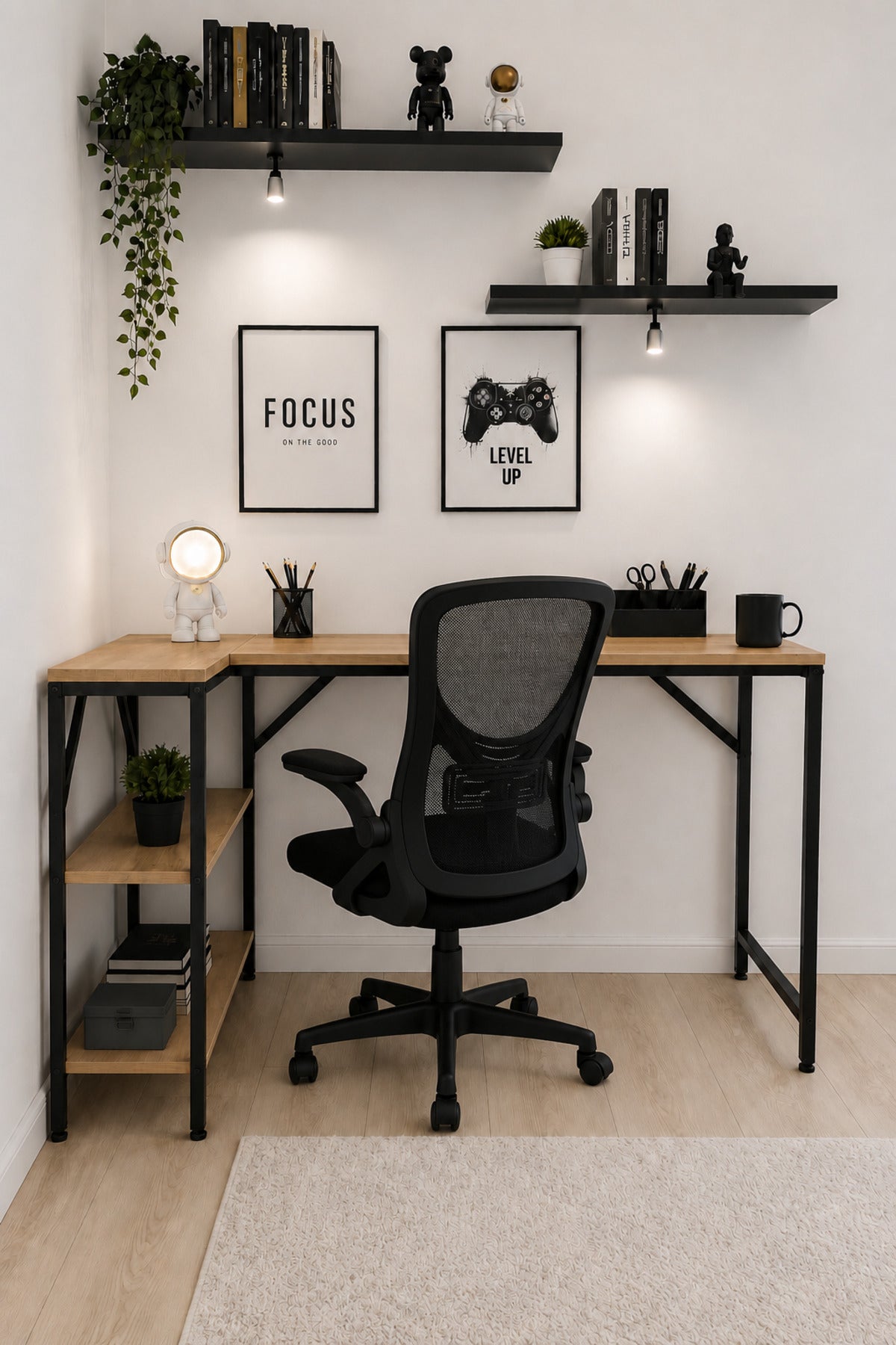 Çam/Siyah L Masa, Kitaplıklı, Raflı, 120 Cm Çalışma Masası, Bilgisayar, Pc, Oyuncu, Gaming Masası Metal Ayaklı