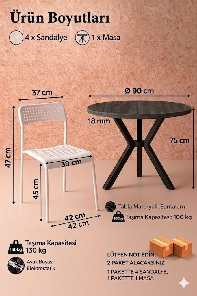 Siyah 4 Kişilik Mutfak Masası Takımı Yuvarlak Masa Yemek Masası Mutfak Masa Sandalye Takımı 4 Sandalye 1 Masa
