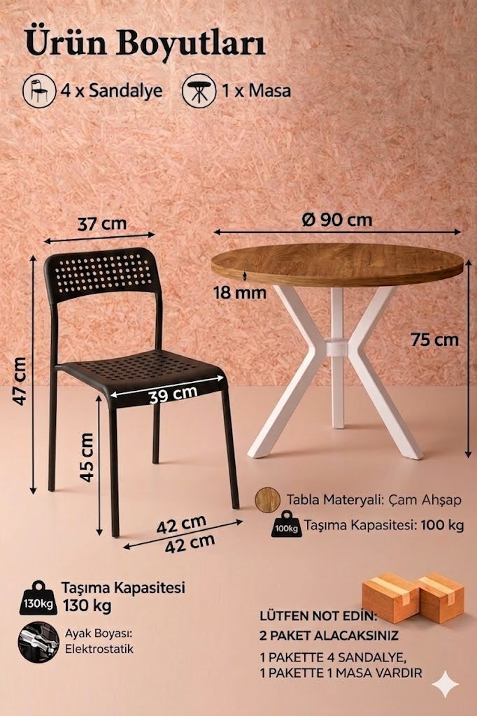 Çam 4 Kişilik Mutfak Masası Takımı Yuvarlak Masa Yemek Masası Mutfak Masa Sandalye Takımı 4 Sandalye 1 Masa