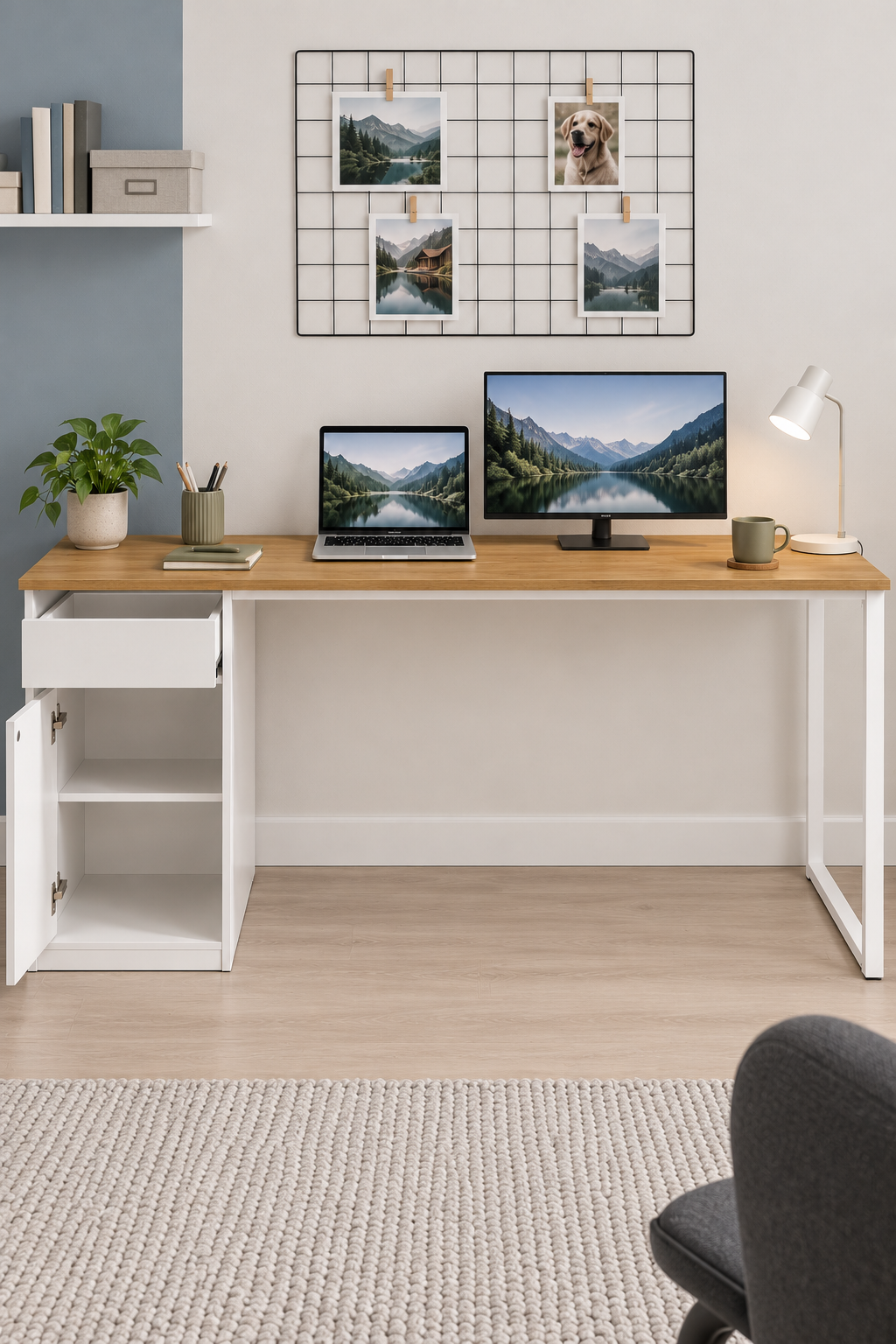 Çam/Beyaz Kesonlu, Çekmeceli Kapaklı 160 Cm Çalışma Masası, Bilgisayar Masası, Ofis Masası, Metal Ayaklı, Raflı