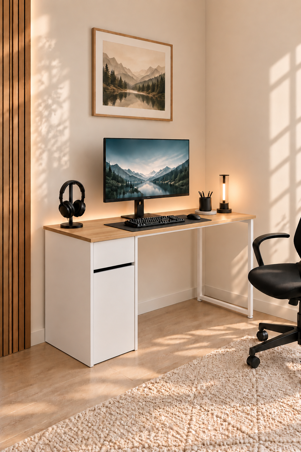 Çam/Beyaz Kesonlu, Çekmeceli Kapaklı 120 Cm Çalışma Masası, Bilgisayar Masası, Ofis Masası, Metal Ayaklı, Raflı