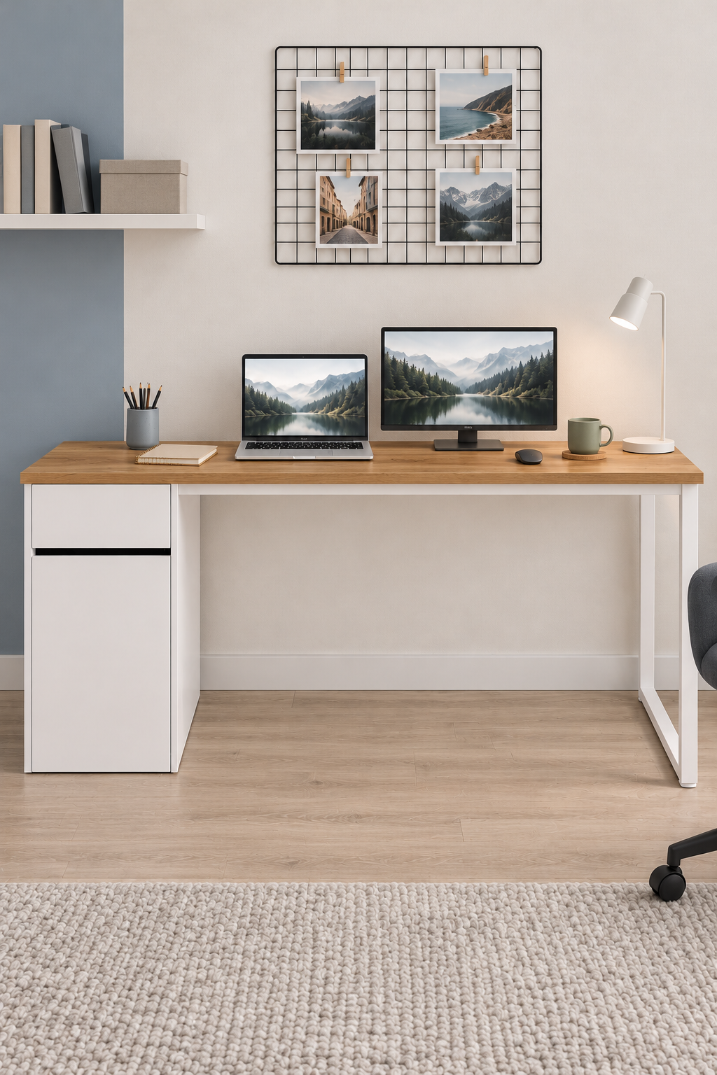 Çam/Beyaz Kesonlu, Çekmeceli Kapaklı 160 Cm Çalışma Masası, Bilgisayar Masası, Ofis Masası, Metal Ayaklı, Raflı