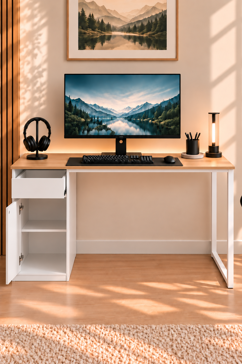 Çam/Beyaz Kesonlu, Çekmeceli Kapaklı 120 Cm Çalışma Masası, Bilgisayar Masası, Ofis Masası, Metal Ayaklı, Raflı