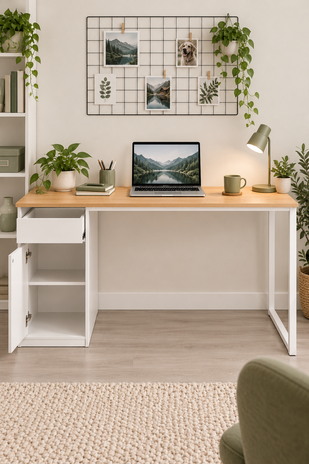 Çam/Beyaz Kesonlu, Çekmeceli Kapaklı 140 Cm Çalışma Masası, Bilgisayar Masası, Ofis Masası, Metal Ayaklı, Raflı