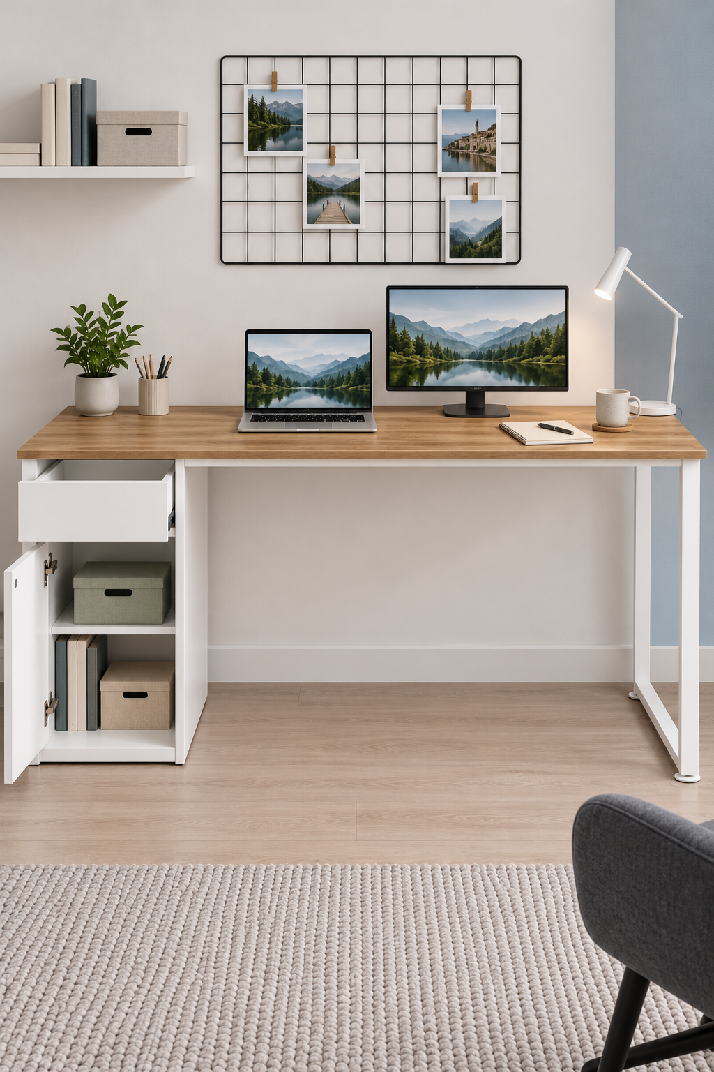 Çam/Beyaz Kesonlu, Çekmeceli Kapaklı 160 Cm Çalışma Masası, Bilgisayar Masası, Ofis Masası, Metal Ayaklı, Raflı