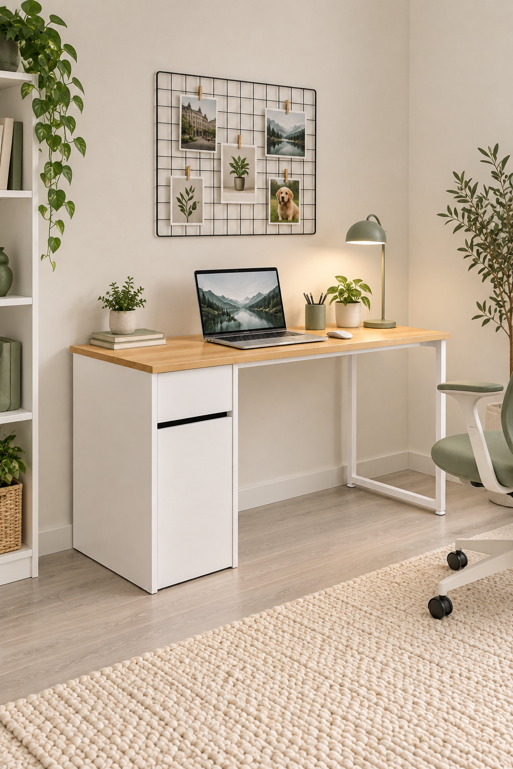 Çam/Beyaz Kesonlu, Çekmeceli Kapaklı 140 Cm Çalışma Masası, Bilgisayar Masası, Ofis Masası, Metal Ayaklı, Raflı