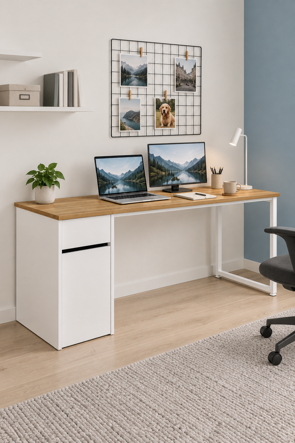 Çam/Beyaz Kesonlu, Çekmeceli Kapaklı 160 Cm Çalışma Masası, Bilgisayar Masası, Ofis Masası, Metal Ayaklı, Raflı