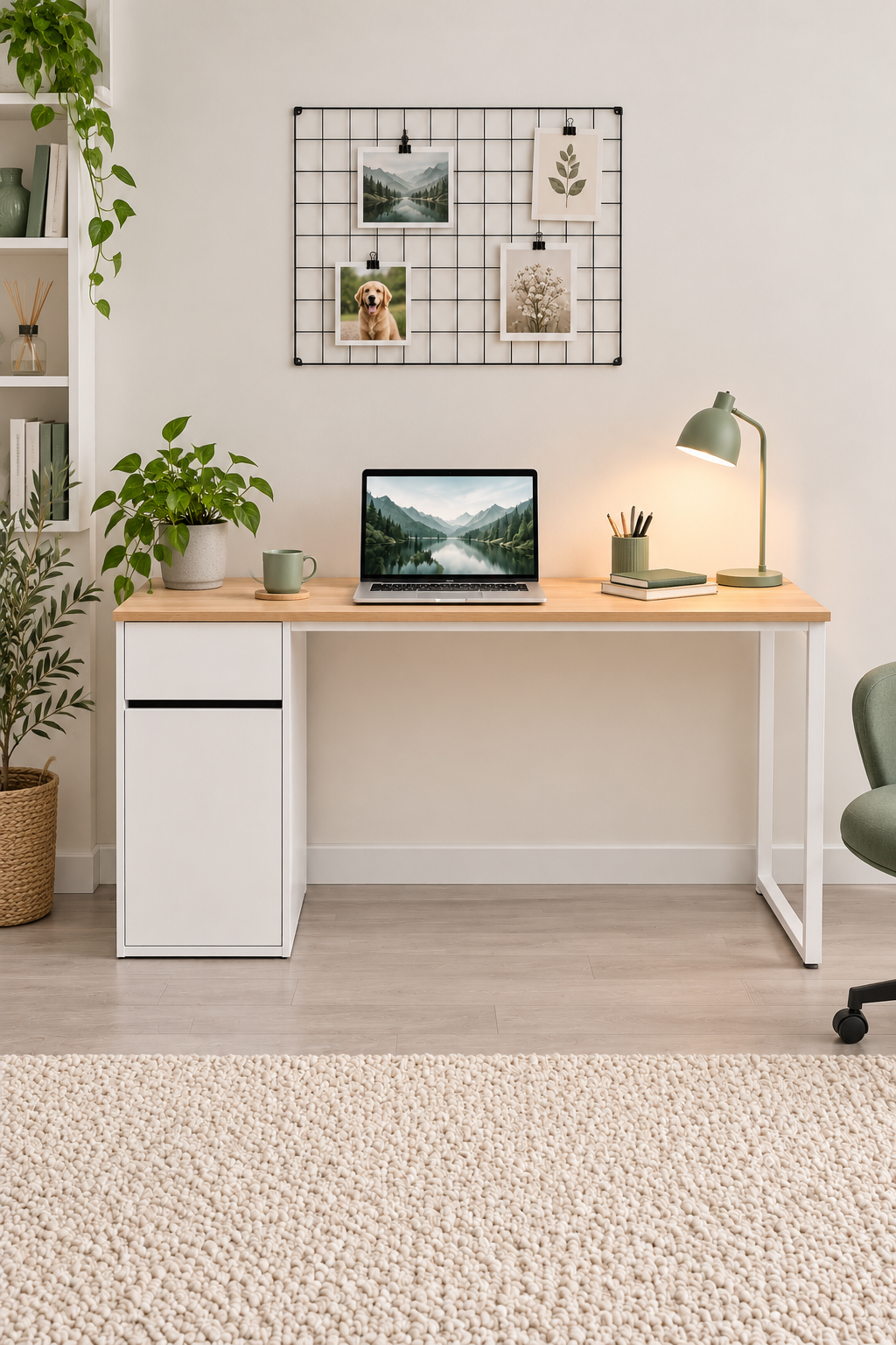 Çam/Beyaz Kesonlu, Çekmeceli Kapaklı 140 Cm Çalışma Masası, Bilgisayar Masası, Ofis Masası, Metal Ayaklı, Raflı