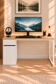 Çam/Beyaz Kesonlu, Çekmeceli Kapaklı 120 Cm Çalışma Masası, Bilgisayar Masası, Ofis Masası, Metal Ayaklı, Raflı