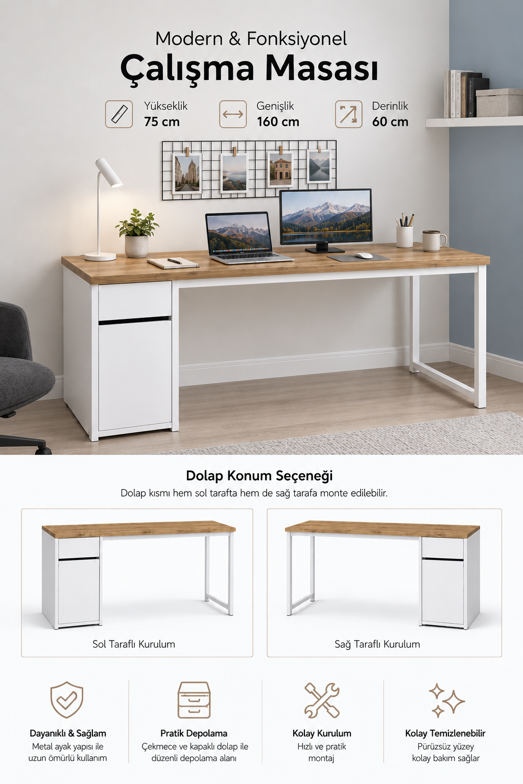 Çam/Beyaz Kesonlu, Çekmeceli Kapaklı 160 Cm Çalışma Masası, Bilgisayar Masası, Ofis Masası, Metal Ayaklı, Raflı