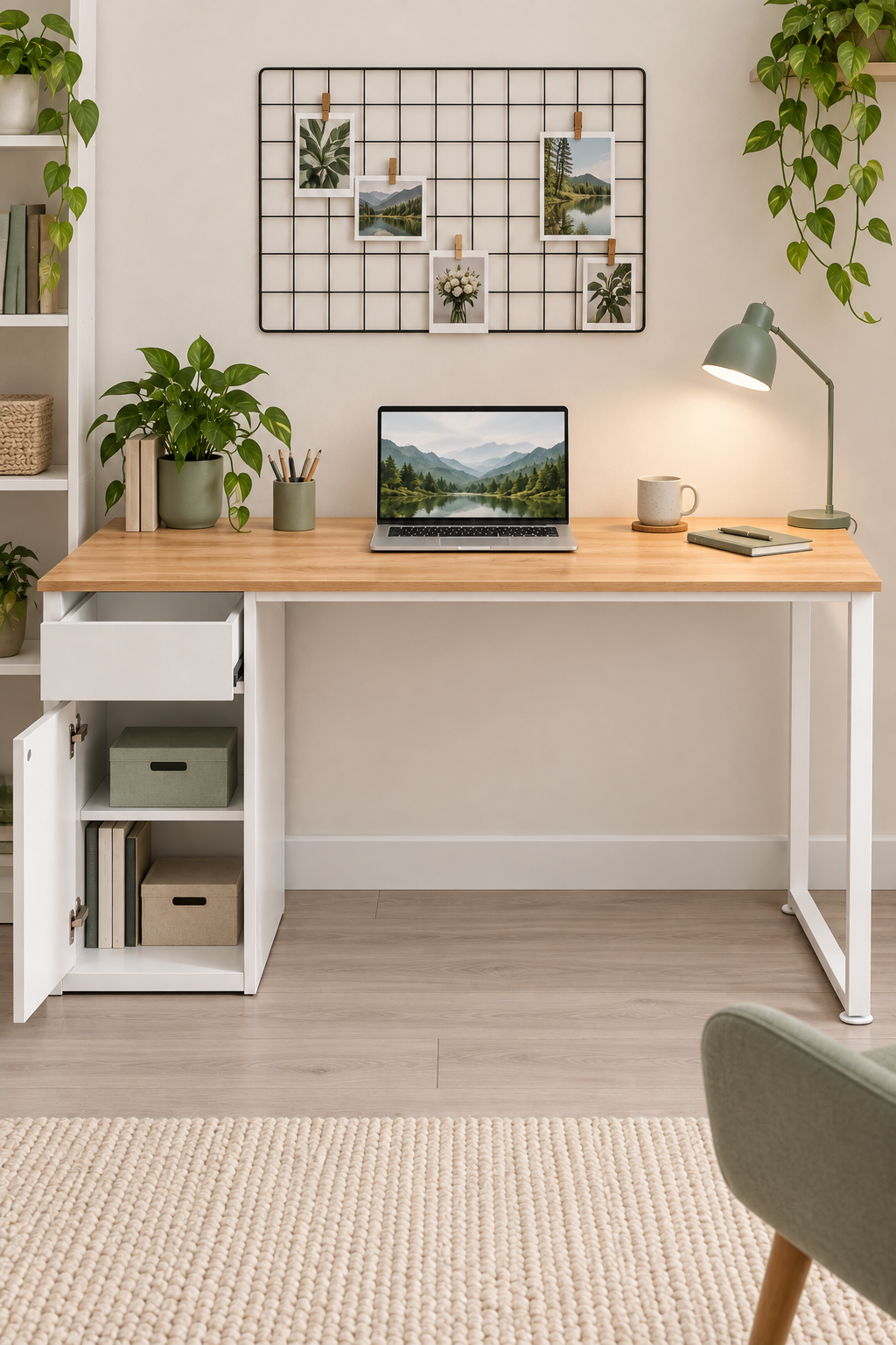 Çam/Beyaz Kesonlu, Çekmeceli Kapaklı 140 Cm Çalışma Masası, Bilgisayar Masası, Ofis Masası, Metal Ayaklı, Raflı