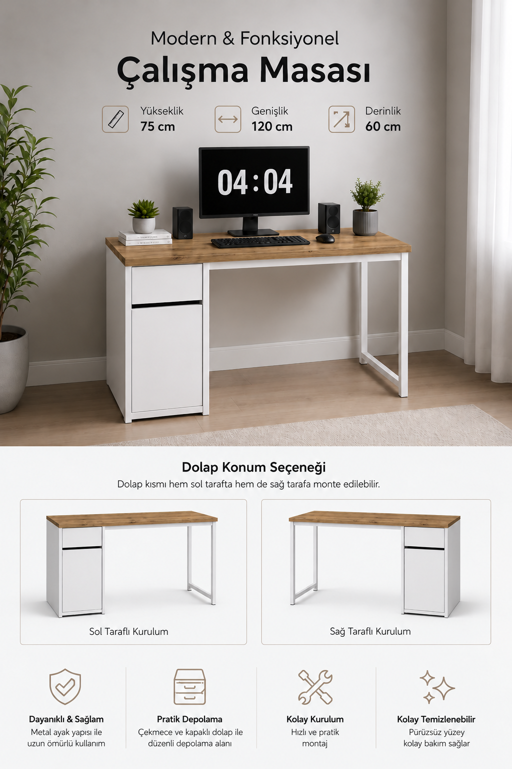 Çam/Beyaz Kesonlu, Çekmeceli Kapaklı 120 Cm Çalışma Masası, Bilgisayar Masası, Ofis Masası, Metal Ayaklı, Raflı