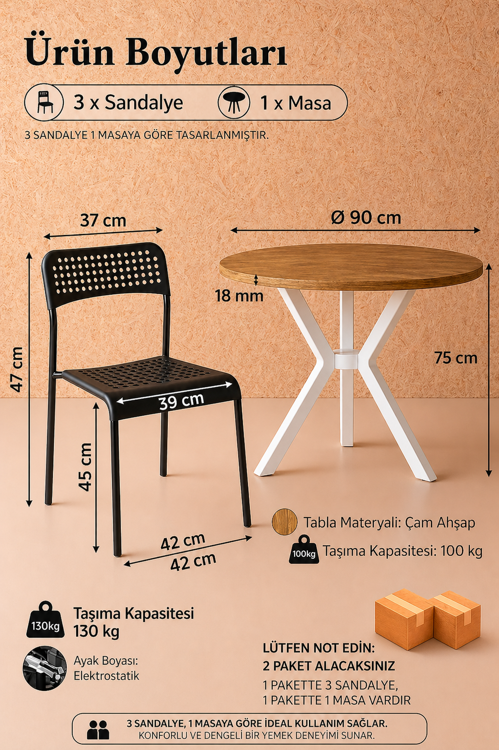 Çam 3 Kişilik Mutfak Masası Takımı Yuvarlak Masa Yemek Masası Mutfak Masa Sandalye Takımı 3 Sandalye 1 Masa