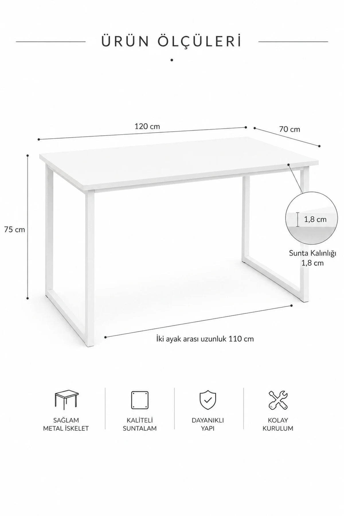 Metal Ayaklı Mutfak Masası 70x120 cm - Beyaz
