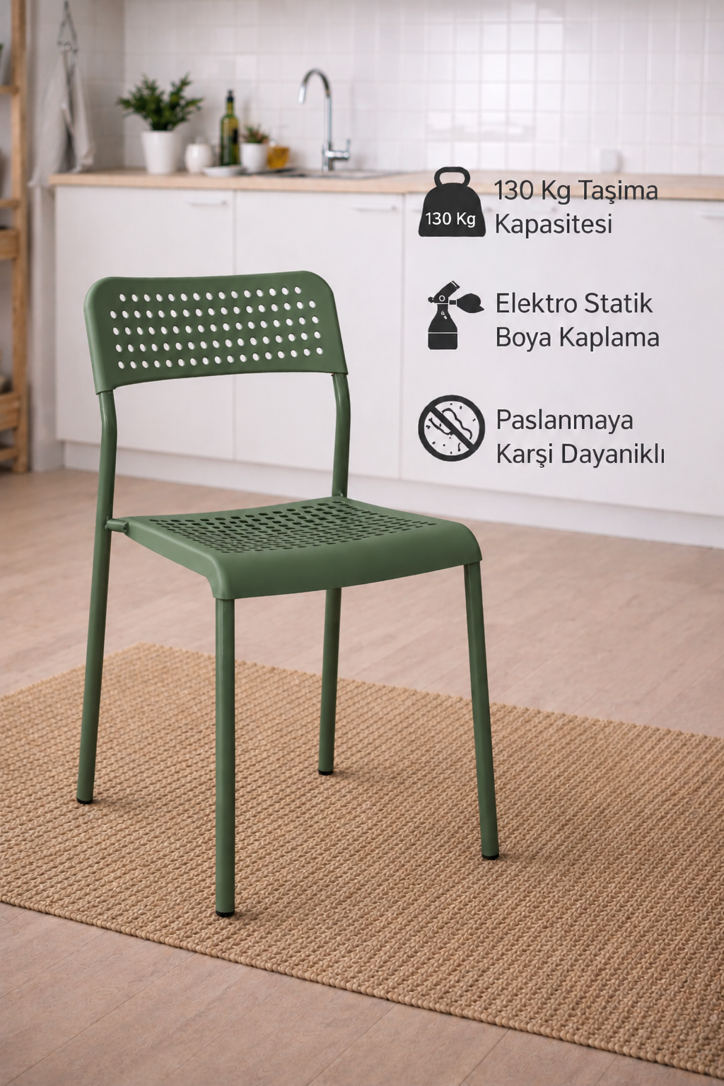 2'li Mira Yeşil Sandalye Plastik Gövdeli Metal Ayaklı, Mutfak Sandalyesi, Çalışma, Bahçe, Yemek Oda
