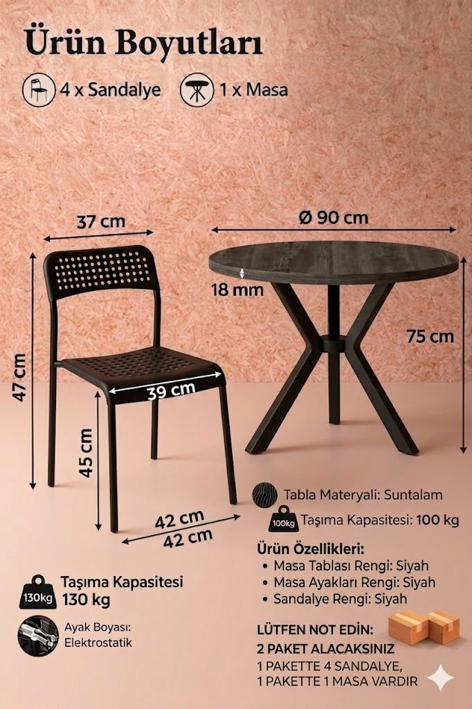 Siyah 4 Kişilik Mutfak Masası Takımı Yuvarlak Masa Yemek Masası Mutfak Masa Sandalye Takımı 4 Sandalye 1 Masa