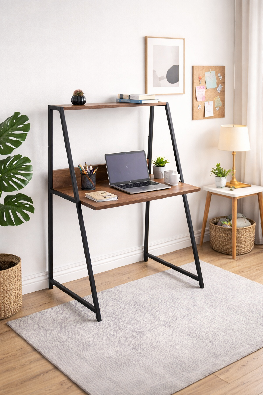 Flinder Flinder Çam Rengi Metal Ayaklı, Raflı Çalışma Masası, Bilgisayar Masası, Ofis Masası