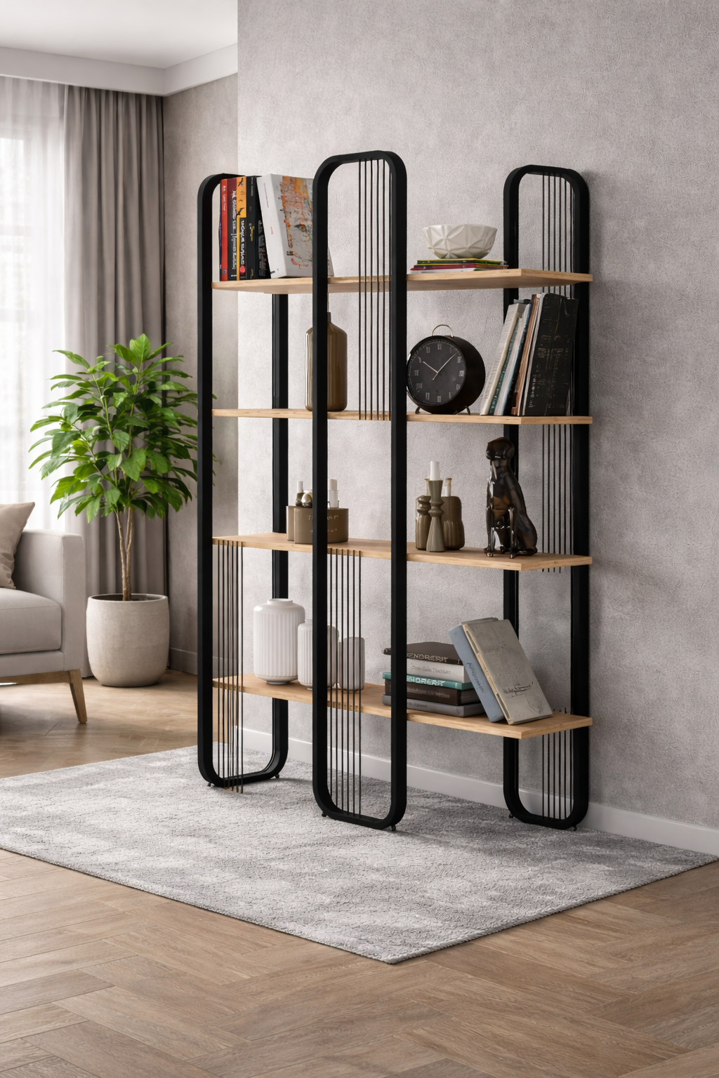 Flinder Lüks 4 Raflı Çam Rengi, Siyah Profilli, Sierra Kitaplık, Dosyalık, Ofis Kitaplığı, Dekoratif