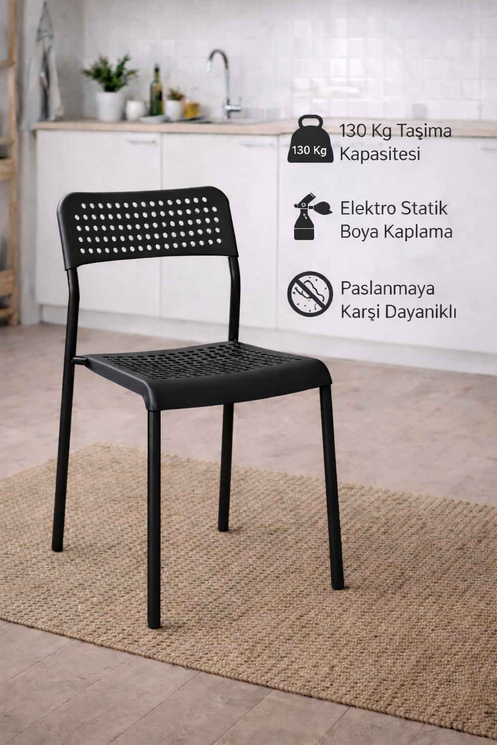 Flinder Flinder 5'li Mira Siyah Sandalye Plastik Gövdeli Metal Ayaklı, Mutfak Sandalyesi, Bahçe, Yemek Odası