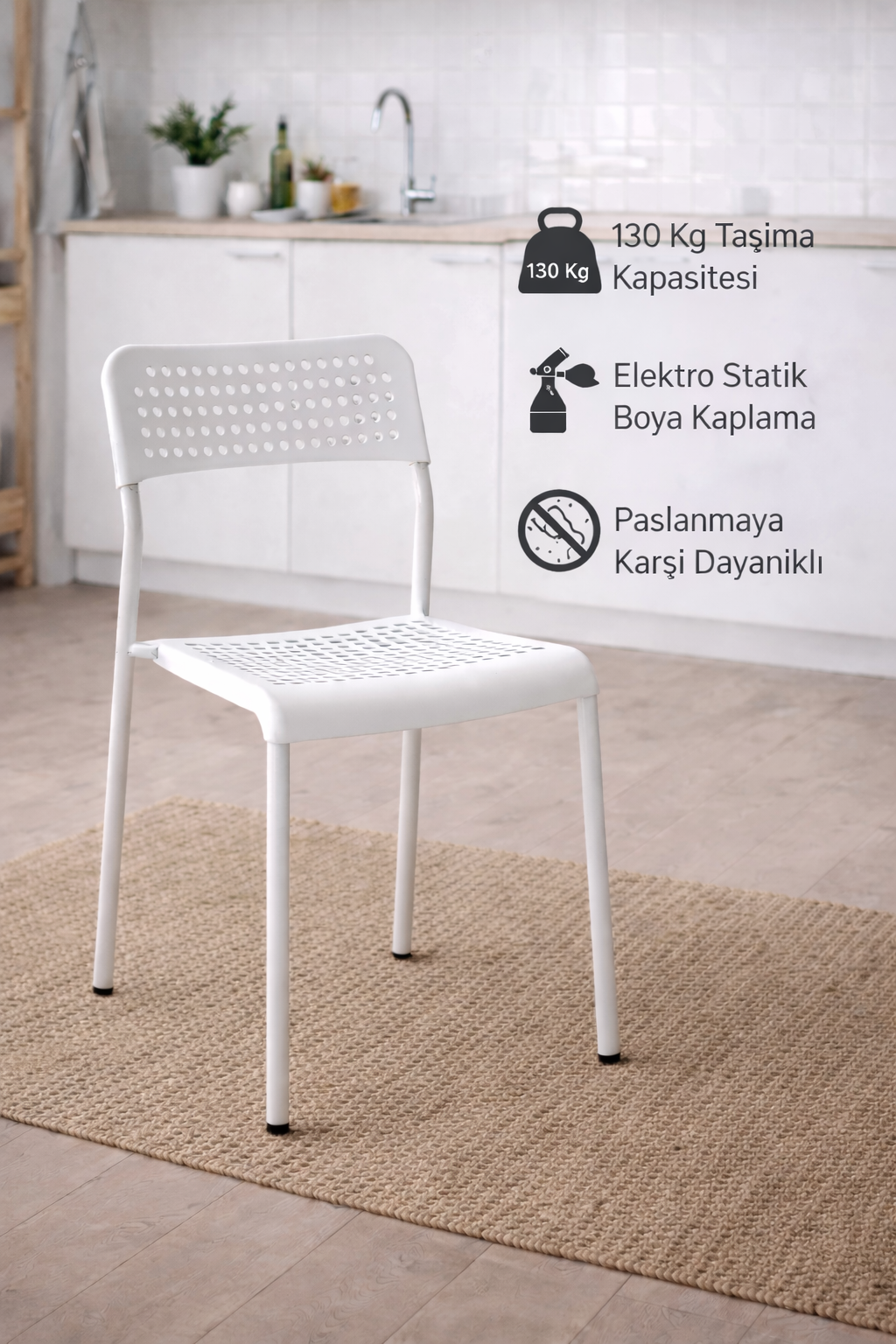 Flinder Flinder Mira Beyaz Sandalye Plastik Gövdeli Metal Ayaklı, Mutfak Sandalyesi, Bahçe, Yemek Odası