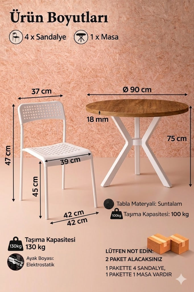 Çam 4 Kişilik Mutfak Masası Takımı Yuvarlak Masa Yemek Masası Mutfak Masa Sandalye Takımı 4 Sandalye 1 Masa