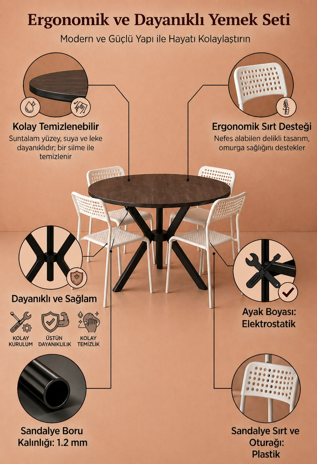 Siyah 3 Kişilik Mutfak Masası Takımı Yuvarlak Masa Yemek Masası Mutfak Masa Sandalye Takımı 3 Sandalye 1 Masa