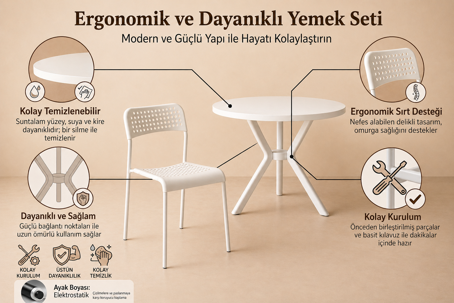 Beyaz 4 Kişilik Mutfak Masası Takımı Yuvarlak Masa Yemek Masası Mutfak Masa Sandalye Takımı 4 Sandalye 1 Masa