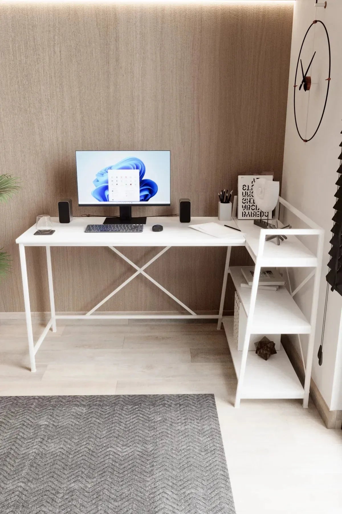 Kitaplıklı L Çalışma Masası 150x55 cm L Masa | Bilgisayar Masası &amp; Ofis Masası | Beyaz - Beyaz Ayak