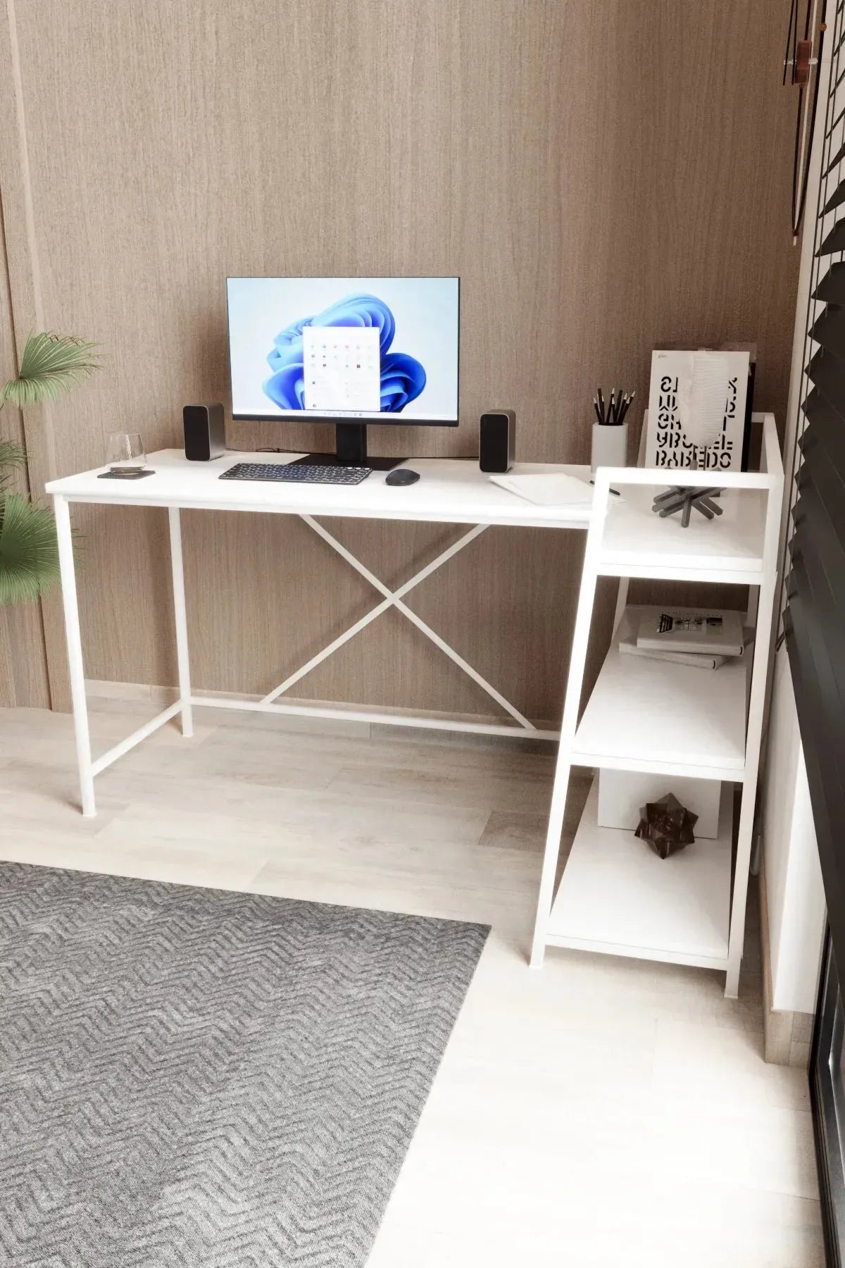 Kitaplıklı L Çalışma Masası 150x55 cm L Masa | Bilgisayar Masası & Ofis Masası | Beyaz - Beyaz Ayak