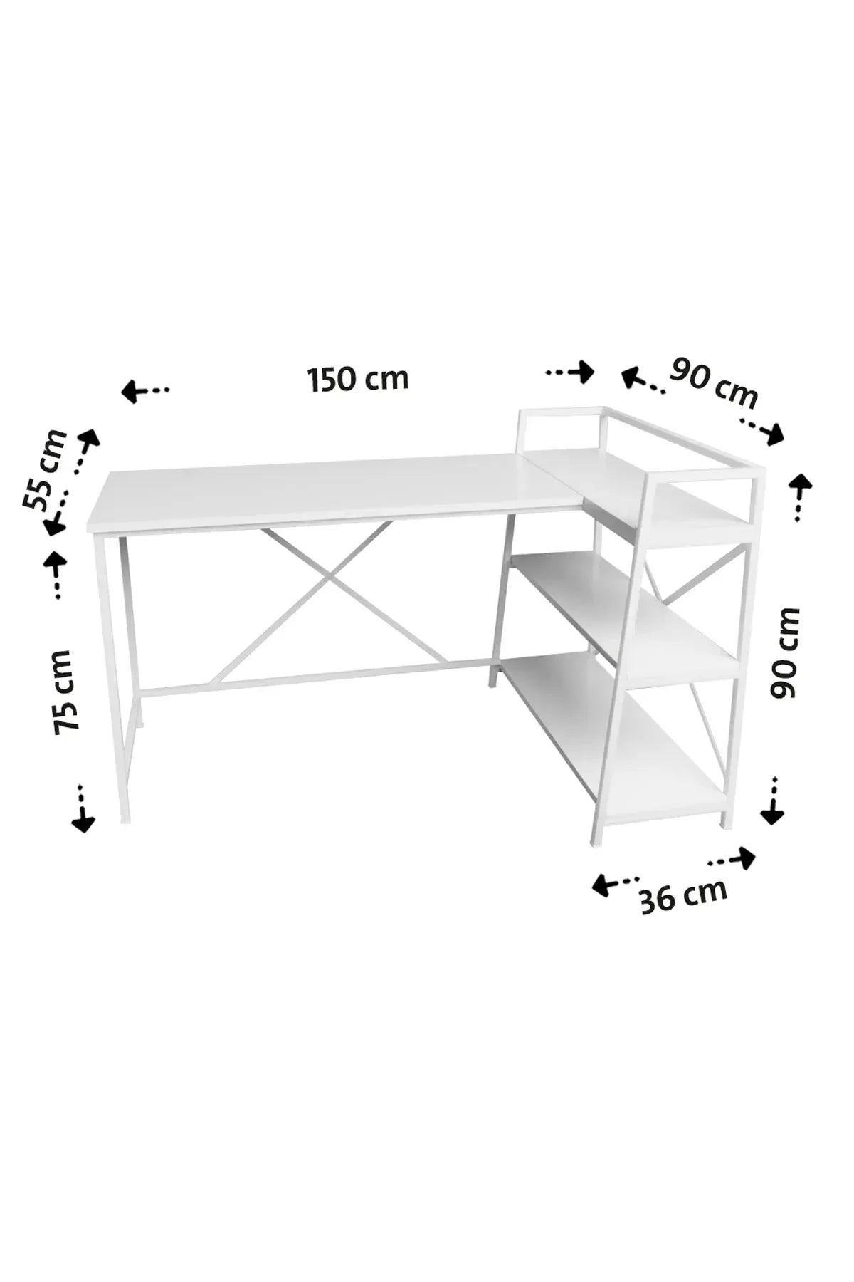 Flinder Kitaplıklı L Çalışma Masası 150x55 cm L Masa | Bilgisayar Masası & Ofis Masası | Beyaz - Beyaz Ayak