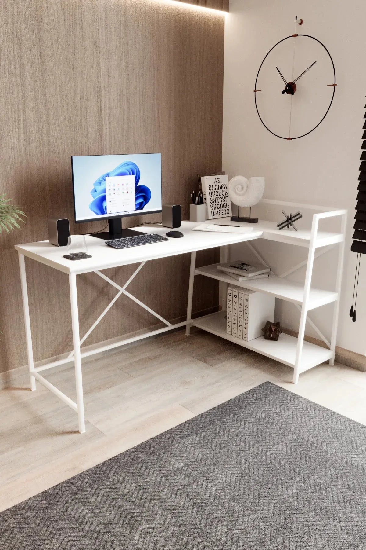 Kitaplıklı L Çalışma Masası 150x55 cm L Masa | Bilgisayar Masası & Ofis Masası | Beyaz - Beyaz Ayak