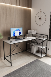 Kitaplıklı L Çalışma Masası 150x55 cm L Masa | Bilgisayar Masası &amp; Ofis Masası | Beyaz - Siyah Ayak
