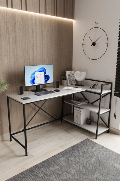 Kitaplıklı L Çalışma Masası 150x55 cm L Masa | Bilgisayar Masası &amp; Ofis Masası | Beyaz - Siyah Ayak