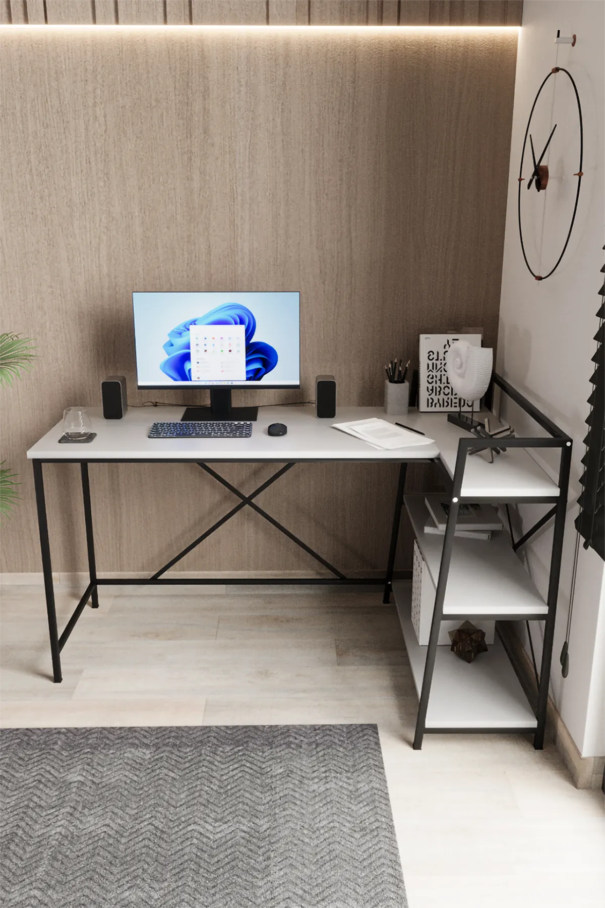 Kitaplıklı L Çalışma Masası 150x55 cm L Masa | Bilgisayar Masası &amp; Ofis Masası | Beyaz - Siyah Ayak