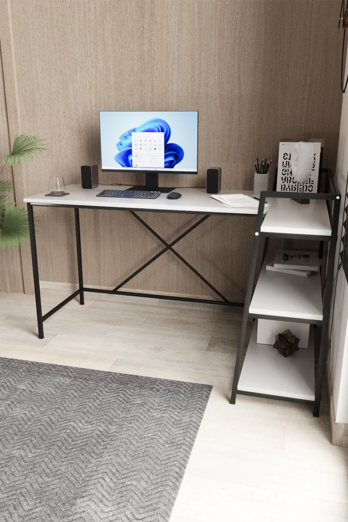 Kitaplıklı L Çalışma Masası 150x55 cm L Masa | Bilgisayar Masası & Ofis Masası | Beyaz - Siyah Ayak