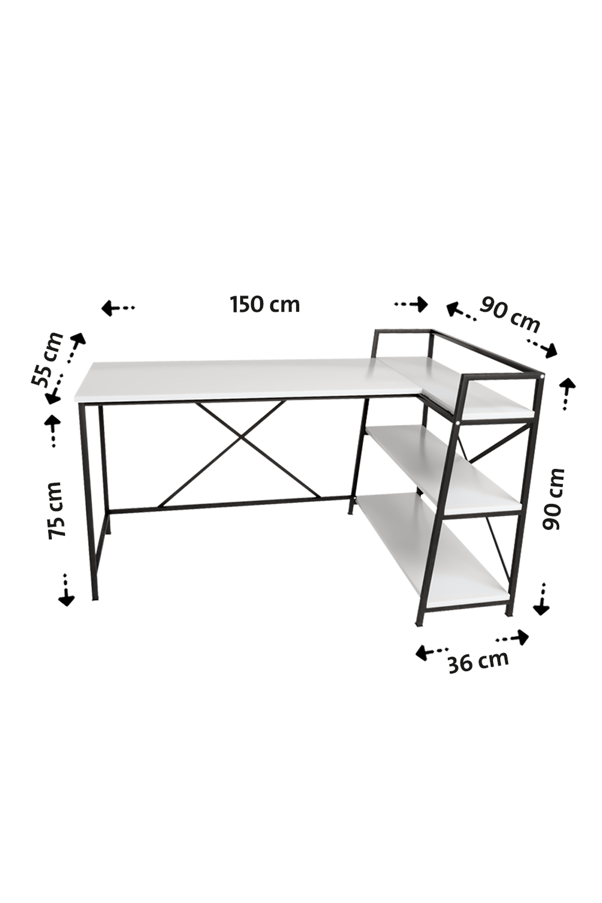 Flinder Kitaplıklı L Çalışma Masası 150x55 cm L Masa | Bilgisayar Masası & Ofis Masası | Beyaz - Siyah Ayak