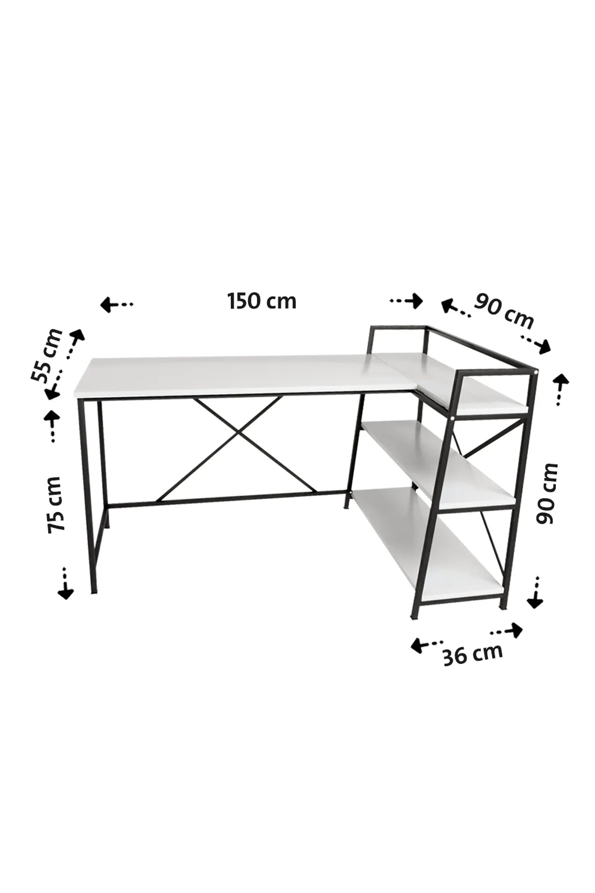 Kitaplıklı L Çalışma Masası 150x55 cm L Masa | Bilgisayar Masası &amp; Ofis Masası | Beyaz - Siyah Ayak