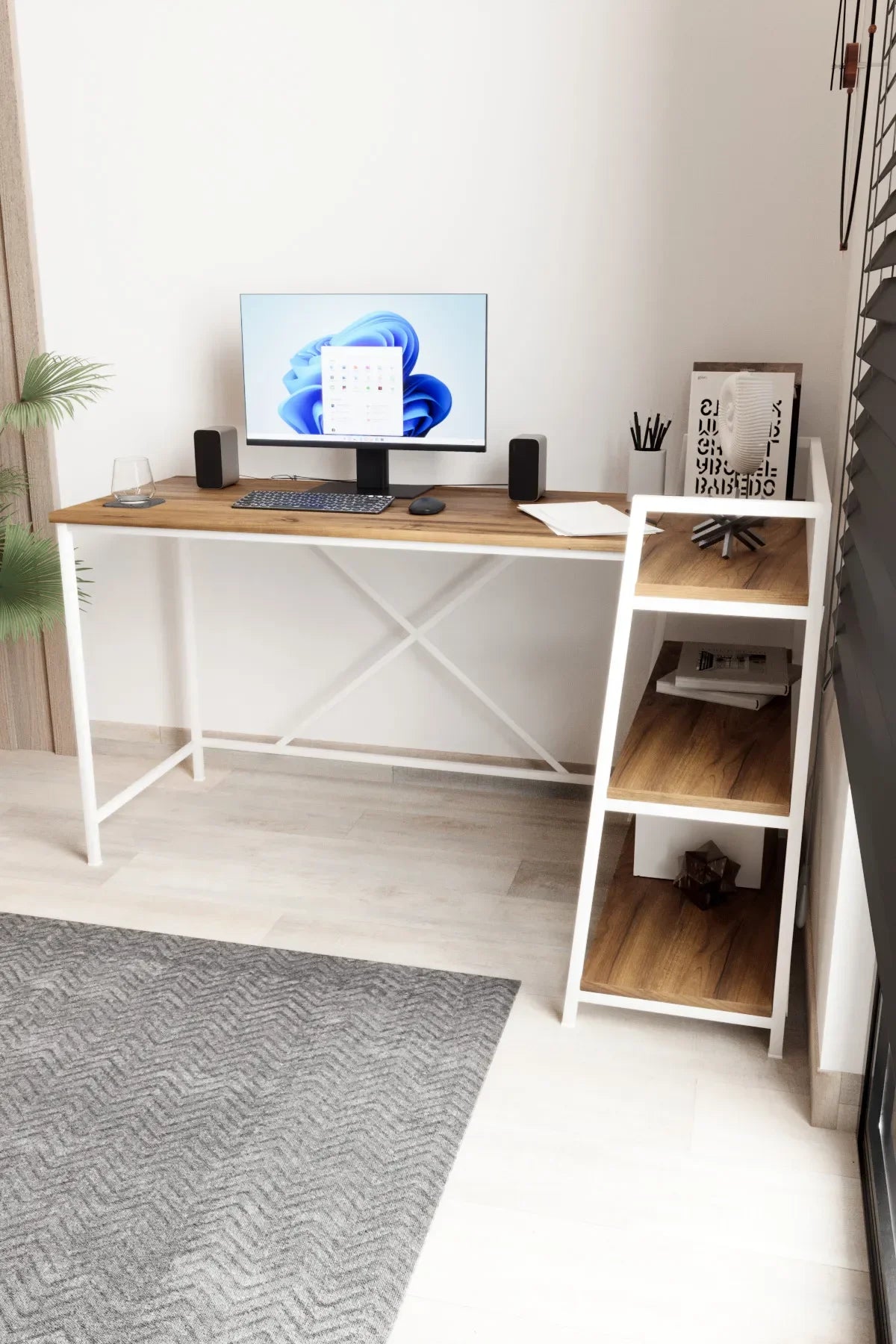 Kitaplıklı L Çalışma Masası 150x55 cm L Masa | Bilgisayar Masası & Ofis Masası | Atlantik Çam - Beyaz Ayak