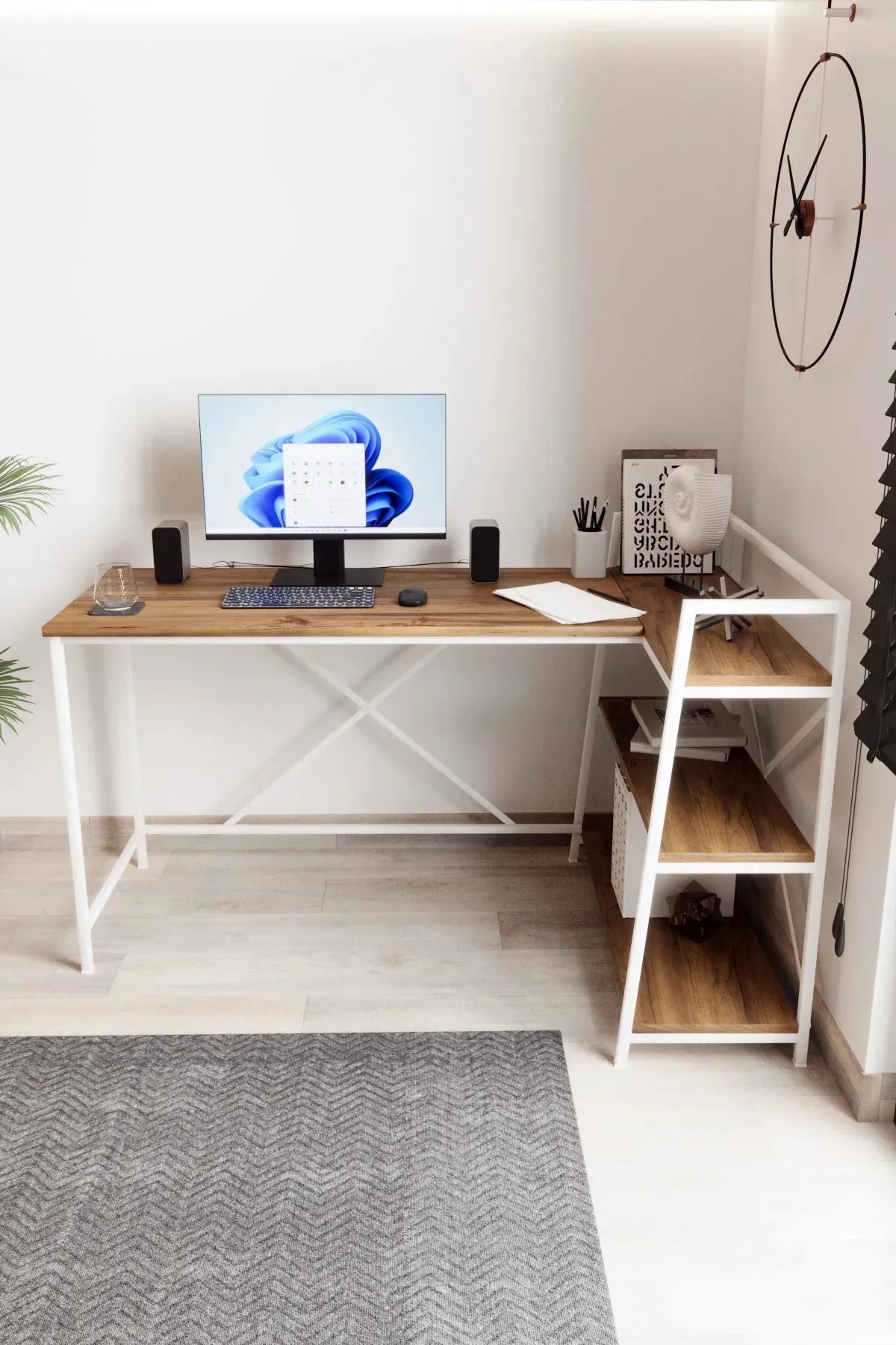 Kitaplıklı L Çalışma Masası 150x55 cm L Masa | Bilgisayar Masası & Ofis Masası | Atlantik Çam - Beyaz Ayak