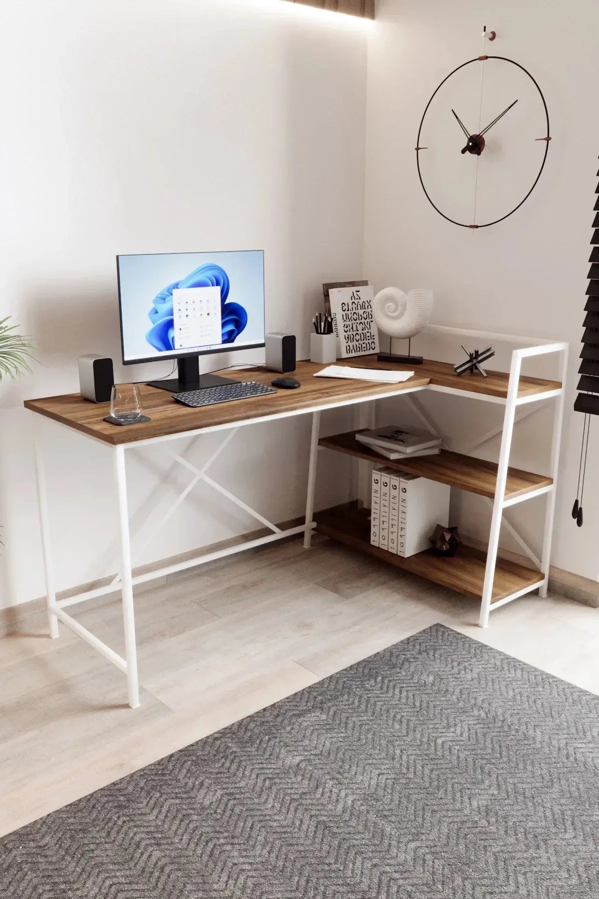 Kitaplıklı L Çalışma Masası 150x55 cm L Masa | Bilgisayar Masası & Ofis Masası | Atlantik Çam - Beyaz Ayak