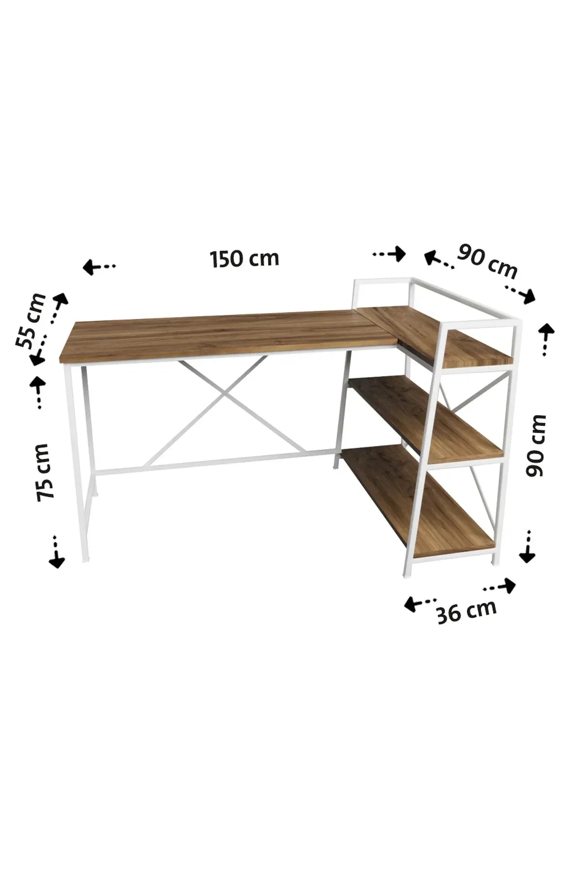 Flinder Kitaplıklı L Çalışma Masası 150x55 cm L Masa | Bilgisayar Masası & Ofis Masası | Atlantik Çam - Beyaz Ayak