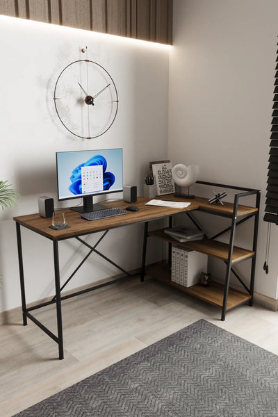 Kitaplıklı L Çalışma Masası 150x55 cm L Masa | Bilgisayar Masası & Ofis Masası | Atlantik Çam - Siyah Ayak