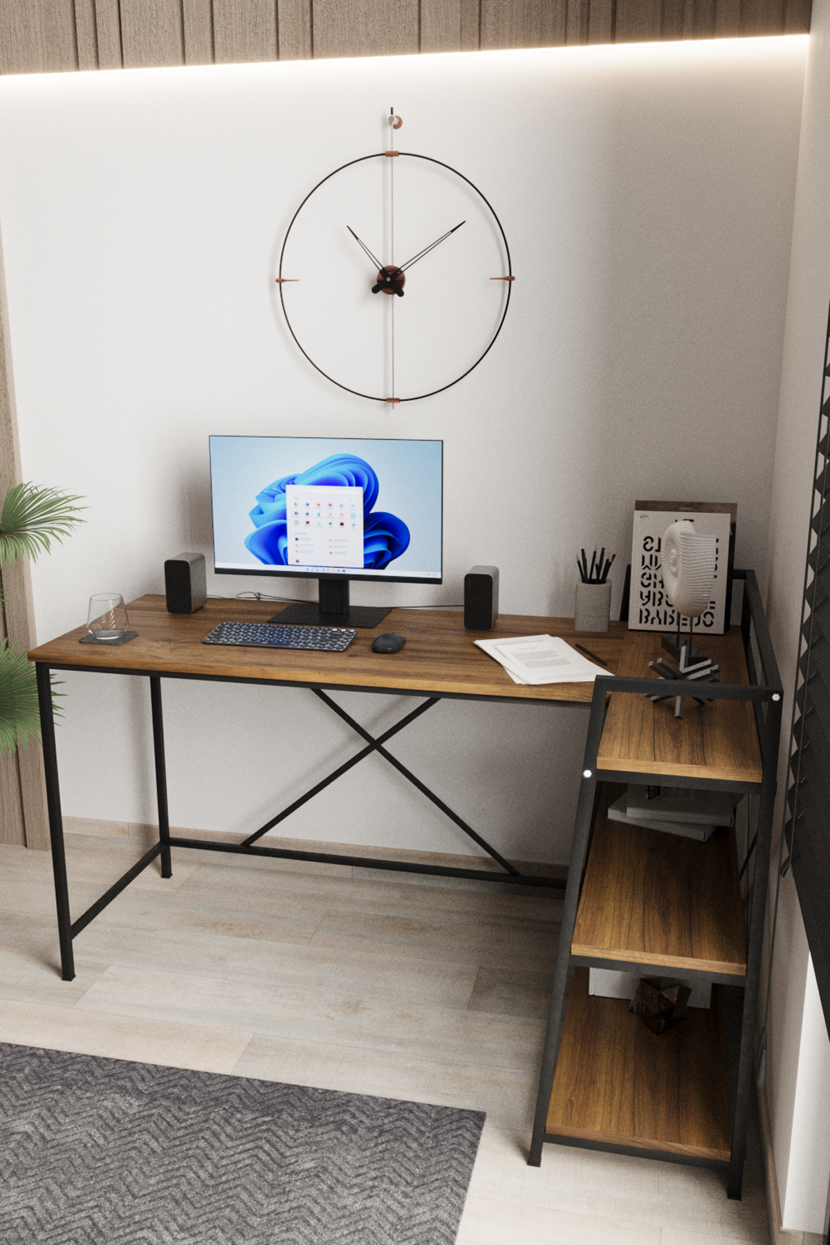 Flinder Kitaplıklı L Çalışma Masası 150x55 cm L Masa | Bilgisayar Masası & Ofis Masası | Atlantik Çam - Siyah Ayak