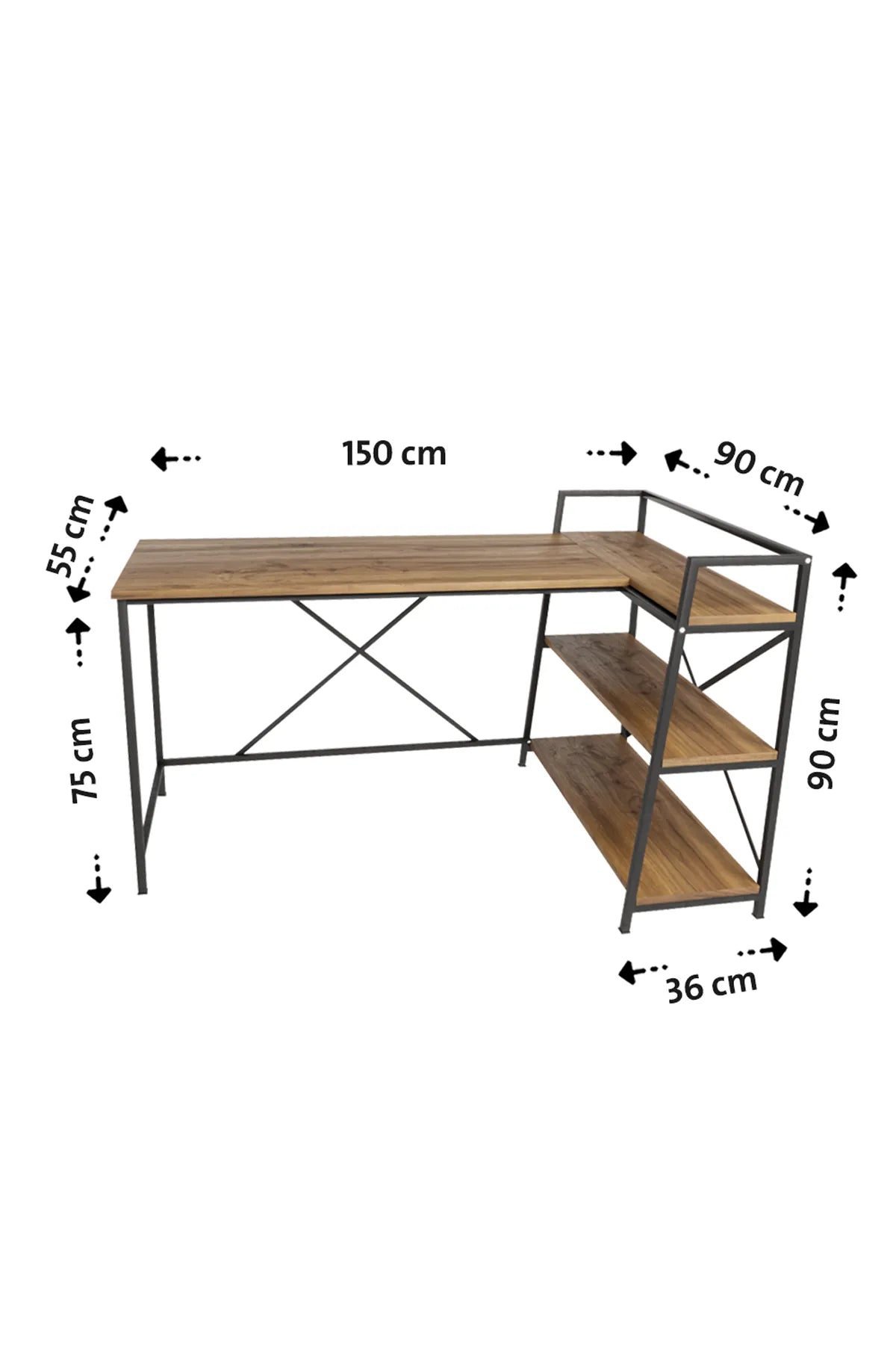 Kitaplıklı L Çalışma Masası 150x55 cm L Masa | Bilgisayar Masası & Ofis Masası | Atlantik Çam - Siyah Ayak