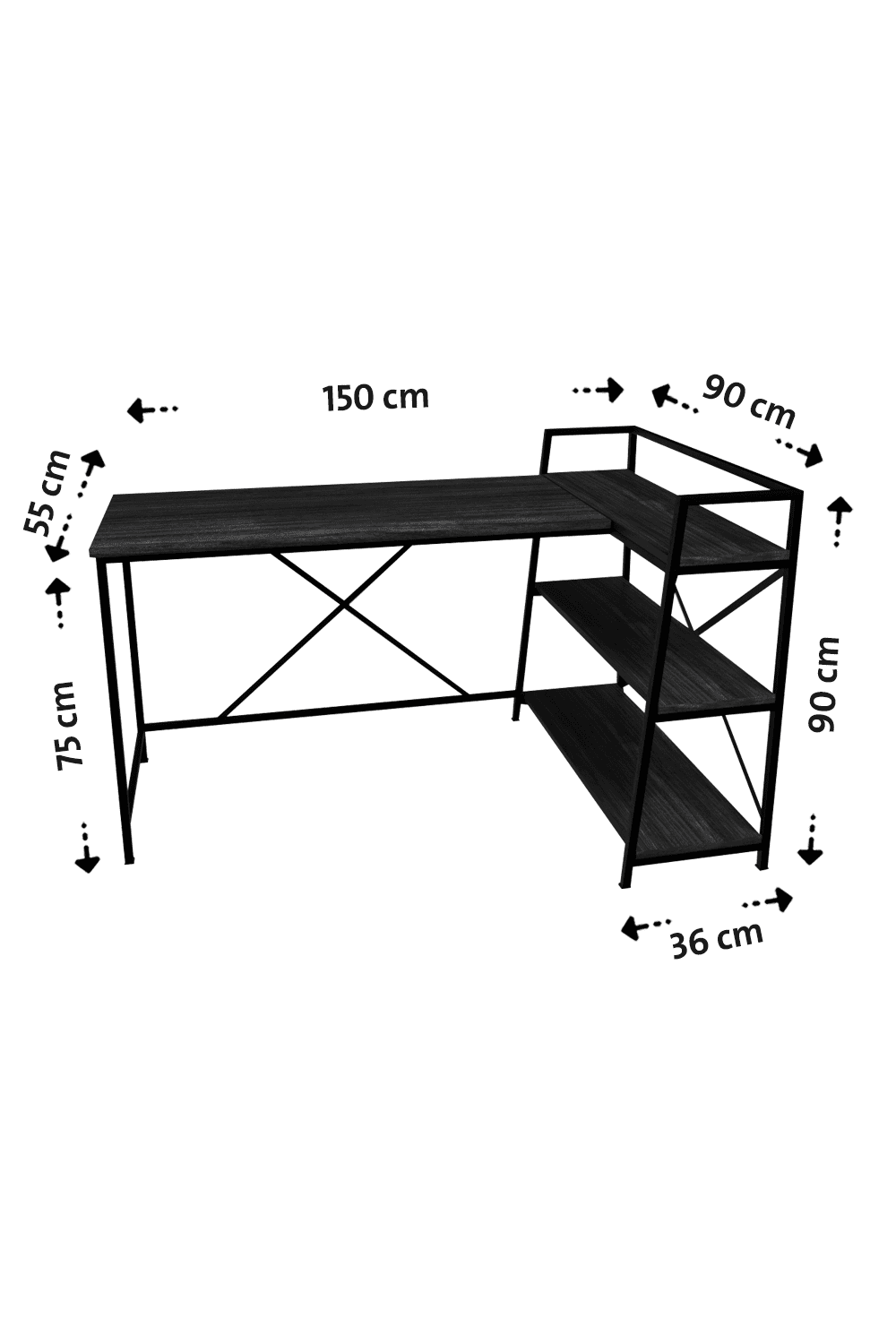 Flinder Kitaplıklı L Çalışma Masası 150x55 cm L Masa | Bilgisayar Masası & Ofis Masası | Siyah - Beyaz Ayak