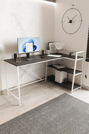 Kitaplıklı L Çalışma Masası 150x55 cm L Masa | Bilgisayar Masası &amp; Ofis Masası | Siyah - Beyaz Ayak